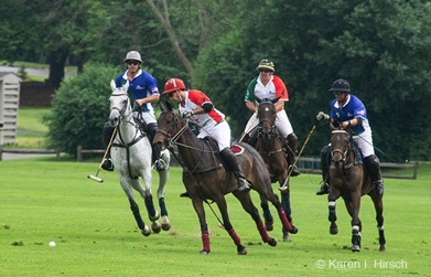Polo action 4 players from 2 teams gallop toward the ball